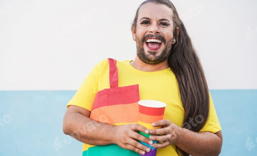 Preview: Drag queen smiling camera at lgbt pride parade - Focus on face