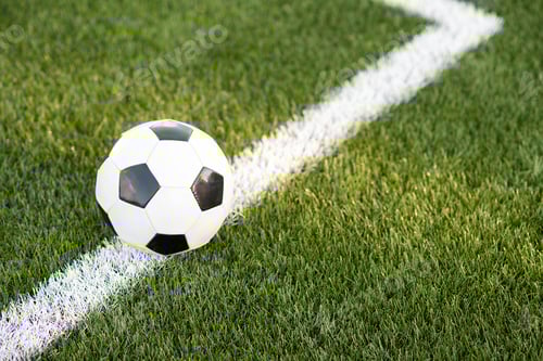 Preview: Traditional soccer ball on soccer field. black and White Soccer ball on green meadow