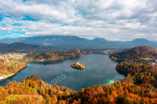 Preview: Colorful sunrise view of Bled lake in Julian Alps, Slovenia