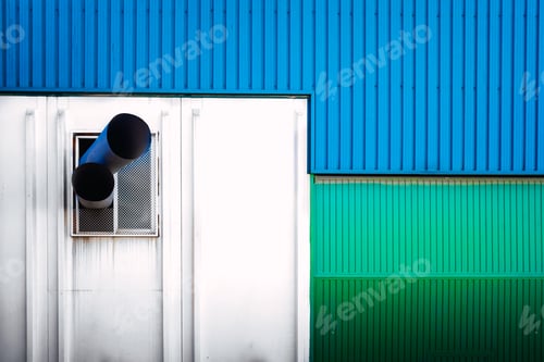 Preview: Exterior part of an industrial building with two ventilation pipes coming out through a window.