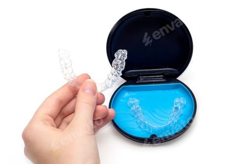 Preview: Transparent aligners and storage case box. Invisible braces. Clear teeth straighteners.