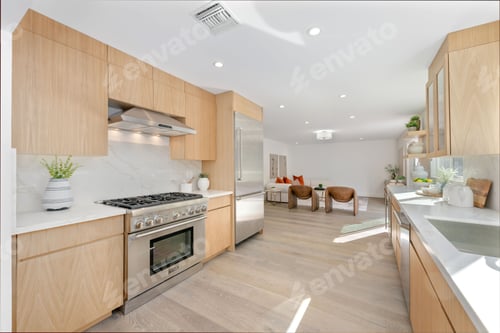 Vista previa: Modern kitchen with open living area and natural light.