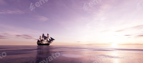 Preview: Pirate ship sailing on the ocean at sunset