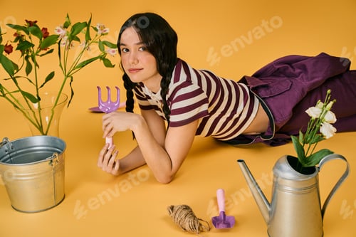Preview: Young gardener with pigtails delights in studio gardening experience