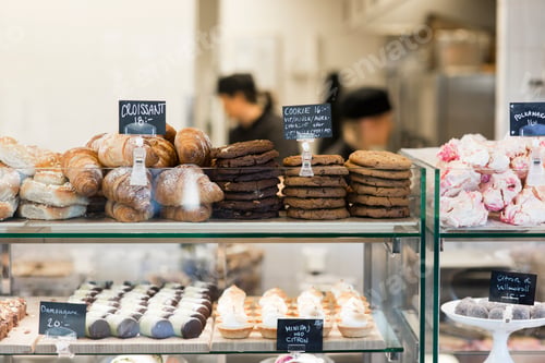 Preview: A tempting display of pastries and desserts at a bakery counter.