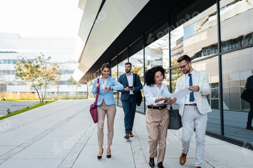 Preview: Coworkers standing outside in front of office buildings discuss about business plan.