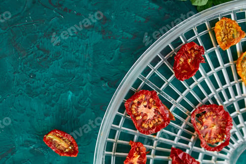 Preview: Homemade sun dried tomatoes with herbs, on the sieve from dryer.