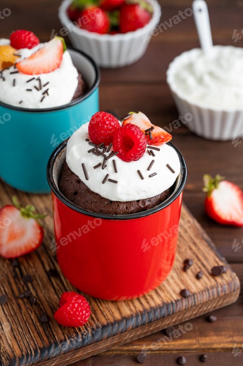 Preview: Chocolate mug cake with whipped cream and fresh berries. Cupcake cooked in the microwave.