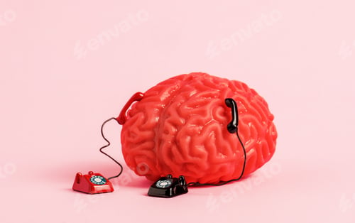 Preview: Human brain model with two retro phones on pink background. Multitasking and brain work concept.