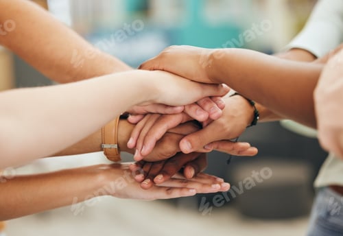 Preview: Group hands, teamwork motivation and vision mission for success, partnership goal and cooperation s