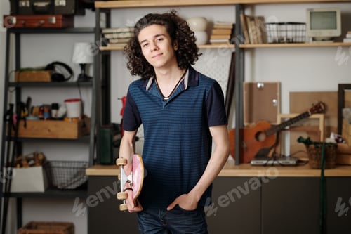 Preview: Smiling teenage guy in dark blue shirt and jeans standing against wall of garage