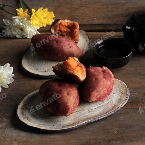 Sweet Potato Dessert on Wooden Table with Tea