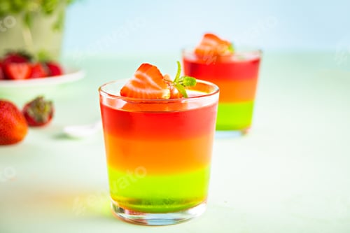 Preview: Glasses of tasty summer dessert layered colorful jelly with fresh strawberries