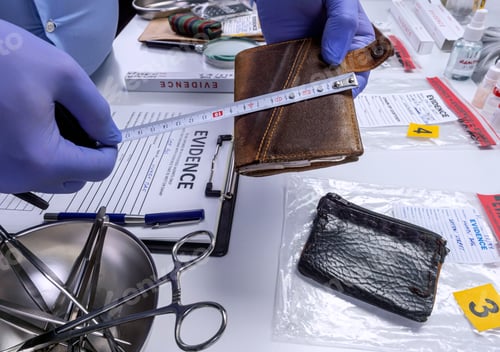 Preview: Specialised police officer measures wallet in crime lab, conceptual image