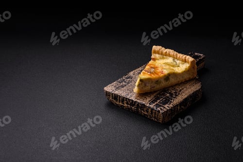 Preview: Delicious crispy quiche cut into slices with cheese, broccoli, tomatoes