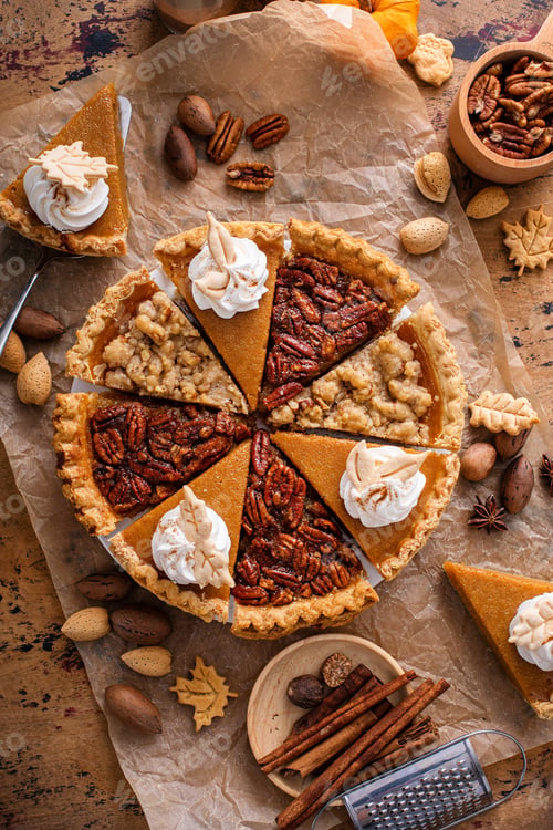 Vista previa: Variety of Thanksgiving pie slices on parchment paper