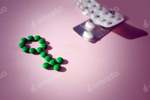 Preview: Female health. Gender symbol made from pills or tablets .