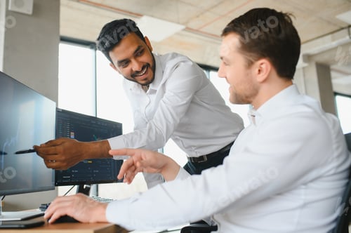 Preview: Two diverse crypto traders brokers stock exchange market investors discussing trading charts