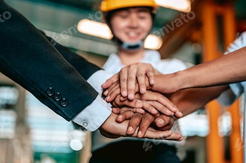 Preview: Hand coordination together of factory owner or manager, female specialist, and old worker in factory