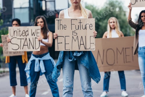 Preview: cropped view of woman holding placard with inscription the future is female near feminists on street