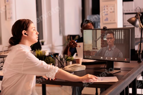 Preview: Company ceo listening to employee project plan on videocall