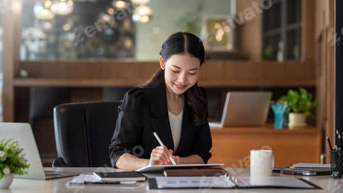 Preview: Beautiful young Asian businesswoman smiling sitting working on tablet in office.