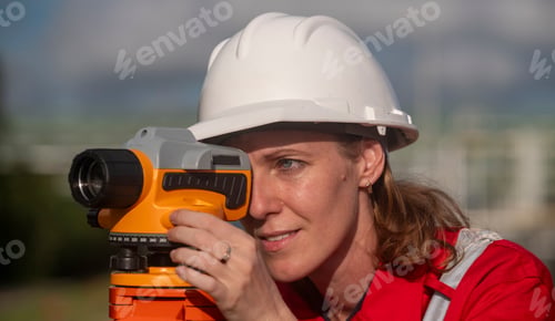 Preview: Surveyor engineers team wearing safety uniform and blueprint checking inspection by theodolite teles