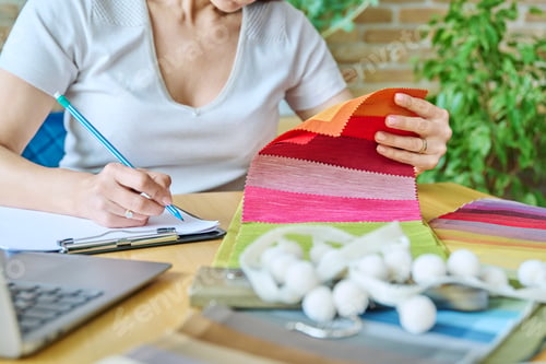 Preview: Mature woman interior designer working at her desk with fabric samples, laptop