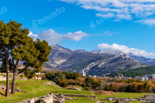 Preview: Beautiful view of mountains and Roman ruins of ancient town of Salona. Solin, Croatia.