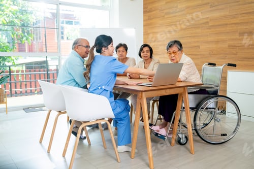 Preview: Asian senior man and woman enjoy to talk and fun with activity of nurse or doctor during teach