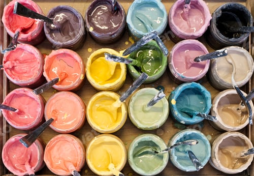 Preview: Large group of open cans of multi-coloured paints