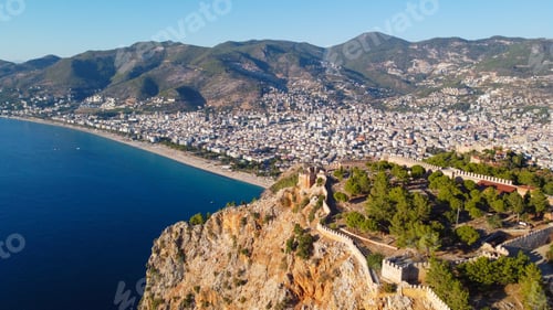 Preview: Alanya Cleopatra Beach and Marina view from Alanya Castle in Antalya, Turkey.