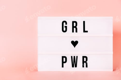 Preview: "Girl power" luminous poster. Copy space. Feminist themed letters with pink background.
