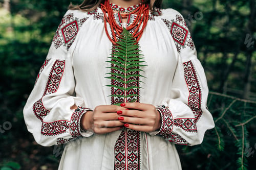Preview: Authentic woman in traditional ukrainian costume with fern in forest.