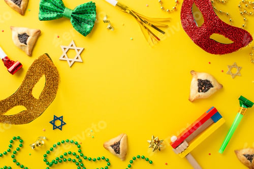 Preview: Purim holiday spirit captured. Overhead image showing filled triangle cookies, Star of David motifs