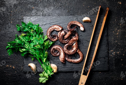 Preview: Pieces of fresh octopus on a stone board with greenery.