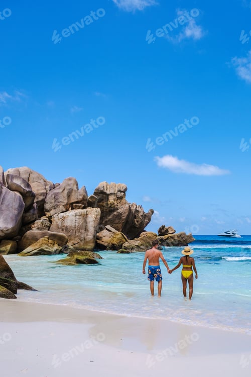 Preview: Anse Cocos beach, La Digue Island, Seyshelles, Drone aerial view of La Digue Seychelles bird eye