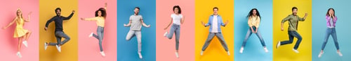 Preview: Vibrant Collage of Diverse People Jumping Against Colorful Backdrops