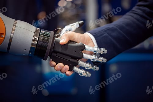 Preview: Hand of a businessman shaking hands with a Android robot.