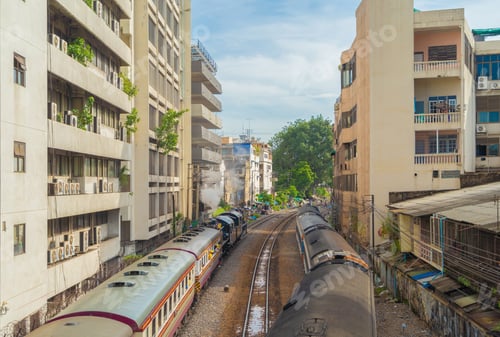 Preview: Train or tram on railway in urban city in public transportation. Vehicle