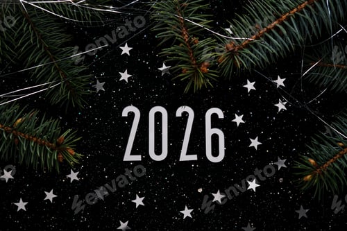 Visualização: Fundo escuro de Ano Novo de 2026. Número do próximo ano na decoração de Natal.