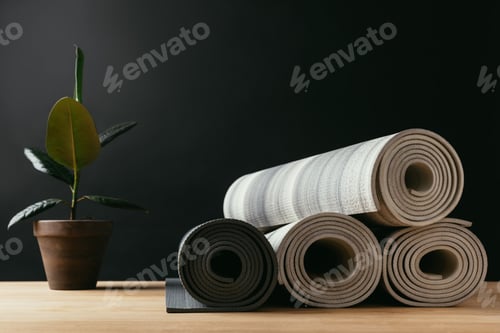 Preview: different rolled yoga mats and potted plant on wooden table