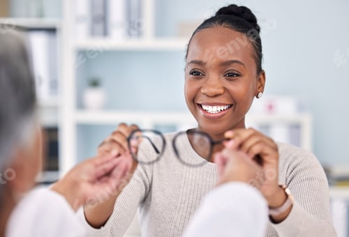 Preview: Eye care, glasses and black woman with optometrist at clinic, vision and healthcare with wellness a