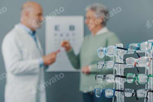 Preview: Senior woman talking with her eye care specialist