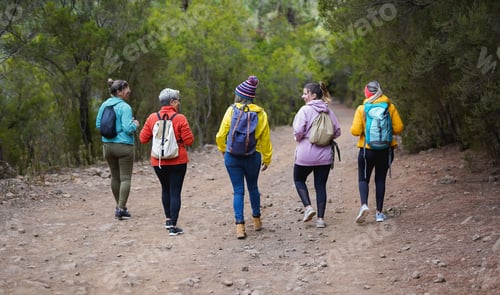 Preview: Back view of multi generaitonal women hiking together during fall season