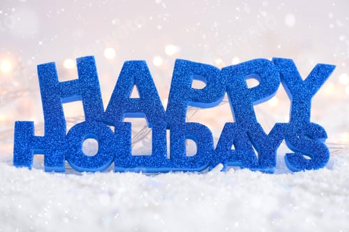 Preview: Greeting "Happy Holidays" is on snow on a festive background