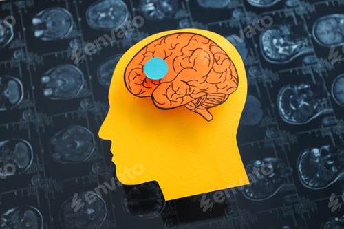 Preview: MRI images or magnetic resonance imaging with paper human head and brain.