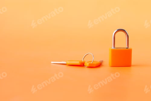 Preview: orange color padlock and key on orange background