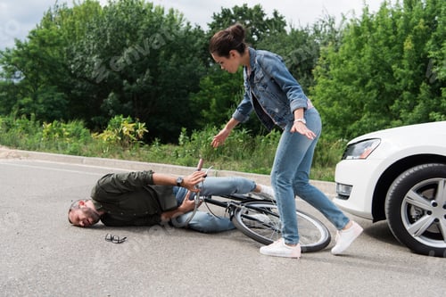 Preview: driver walking to biker after car accident on road
