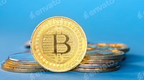 Preview: Physical Bitcoin gold coins, blue background